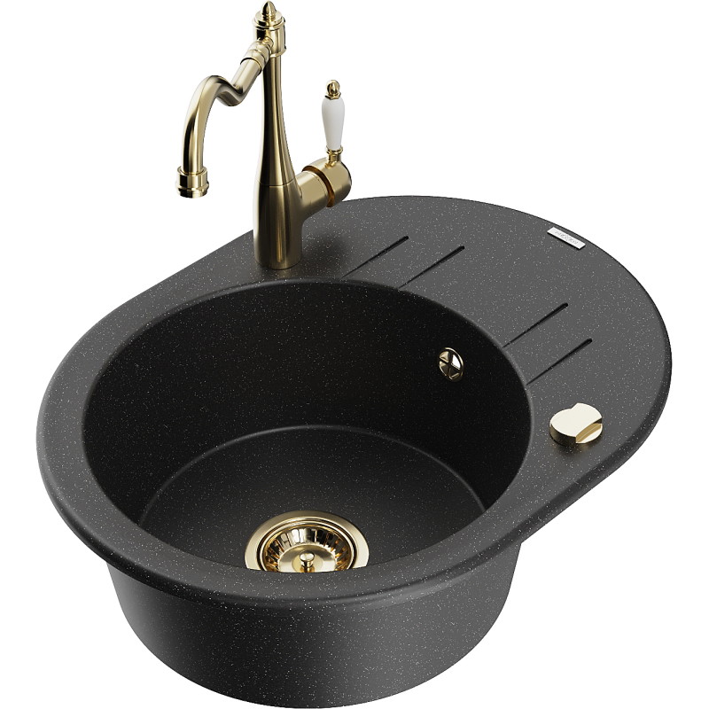 Mexen Kevin granitspüle 1-becken mit abtropffläche und küchenarmatur Carla, schwarz/silber metallic - 6517-73-670700-50