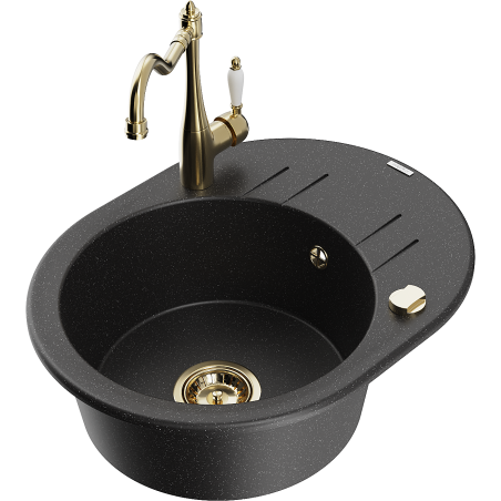 Mexen Kevin granitspüle 1-becken mit abtropffläche und küchenarmatur Carla, schwarz/silber metallic - 6517-73-670700-50