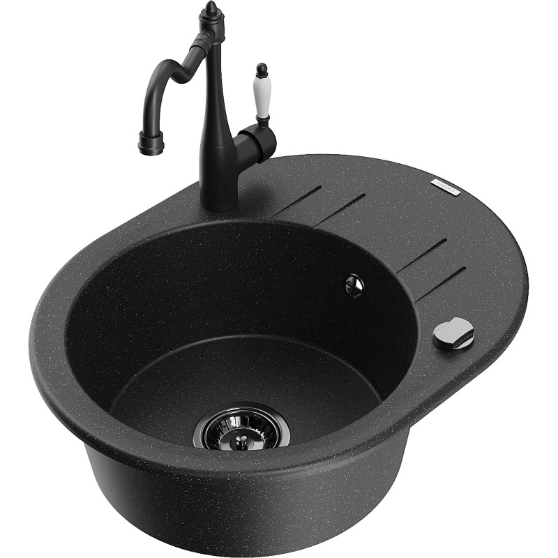 Mexen Kevin Granitspüle 1-becken mit Abtropffläche und Küchenarmatur Carla, schwarz/silber metallic - 6517-73-670700-70-B
