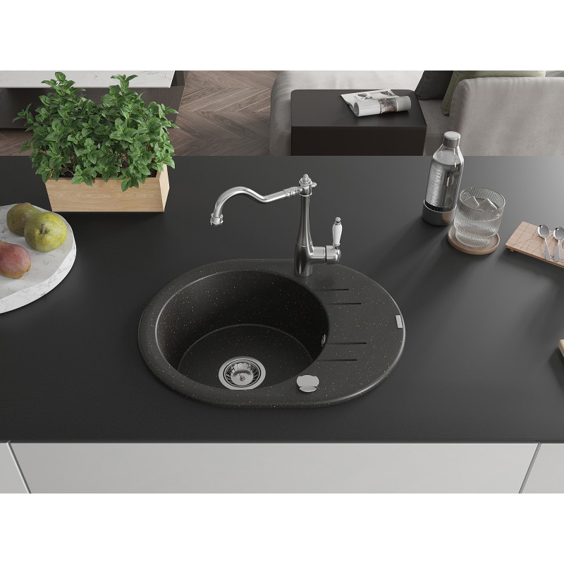 Mexen Kevin Granitspüle 1-becken mit Abtropffläche und Küchenarmatur Carla, schwarz/gold metallic - 6517-75-670700-00