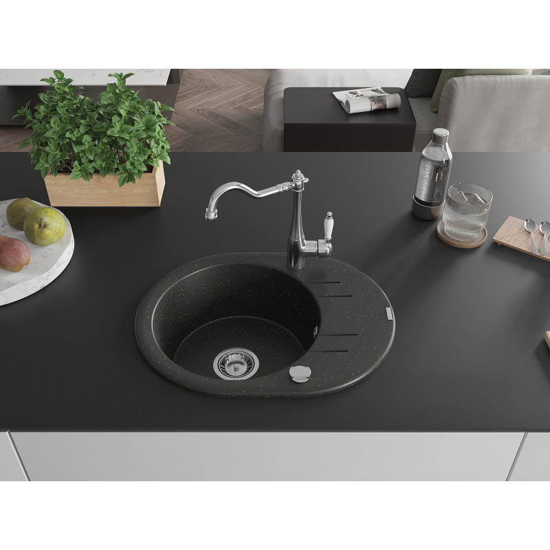 Mexen Kevin granitspüle einbau 1-becken mit abtropffläche und küchenarmatur Carla, schwarz/gold metallic - 6517-75-670700-00