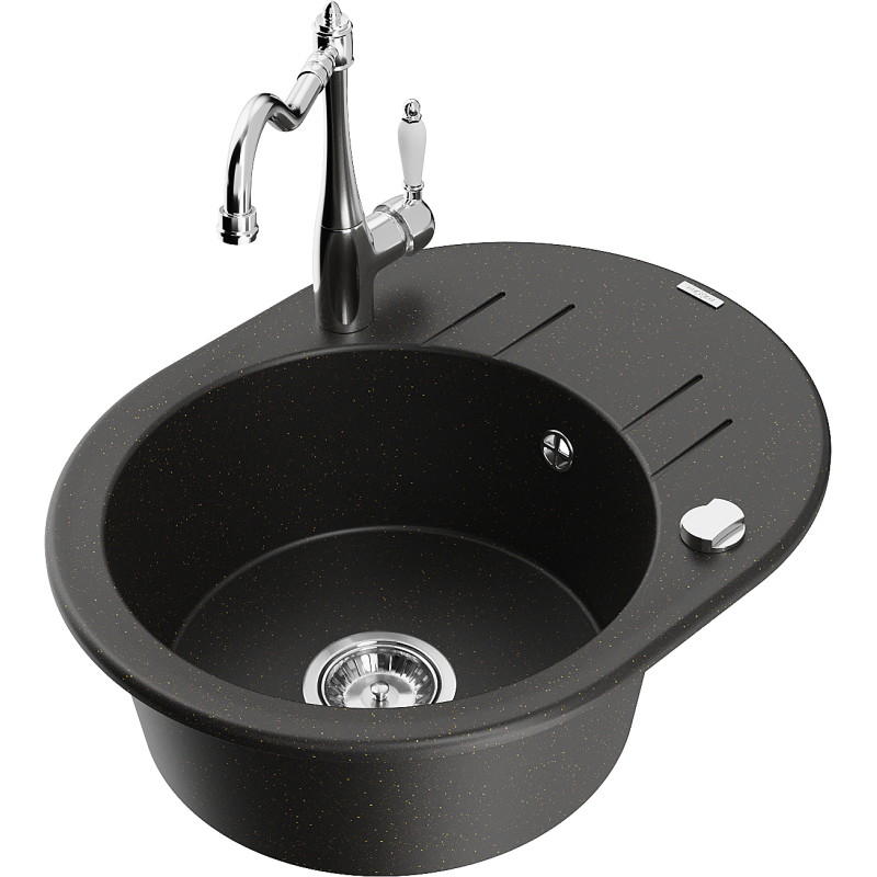 Mexen Kevin granitspüle einbau 1-becken mit abtropffläche und küchenarmatur Carla, schwarz/gold metallic - 6517-75-670700-00
