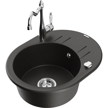 Mexen Kevin granitspüle einbau 1-becken mit abtropffläche und küchenarmatur Carla, schwarz/gold metallic - 6517-75-670700-00