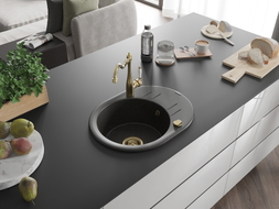 Mexen Kevin Granitspüle 1-becken mit Abtropffläche und Küchenarmatur Carla, schwarz/gold metallic - 6517-75-670700-50