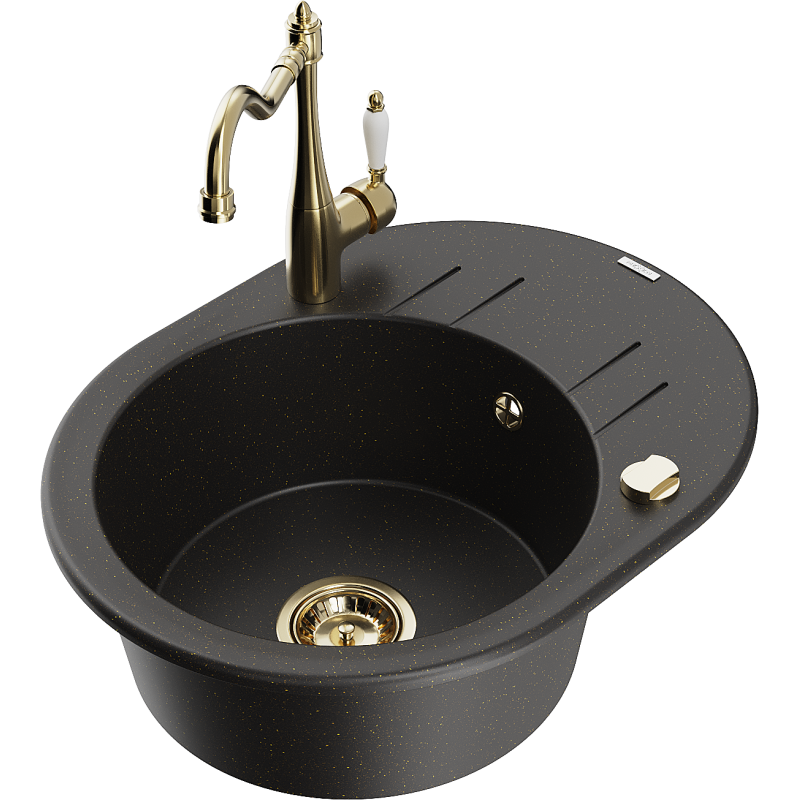 Mexen Kevin Granitspüle 1-becken mit Abtropffläche und Küchenarmatur Carla, schwarz/gold metallic - 6517-75-670700-50