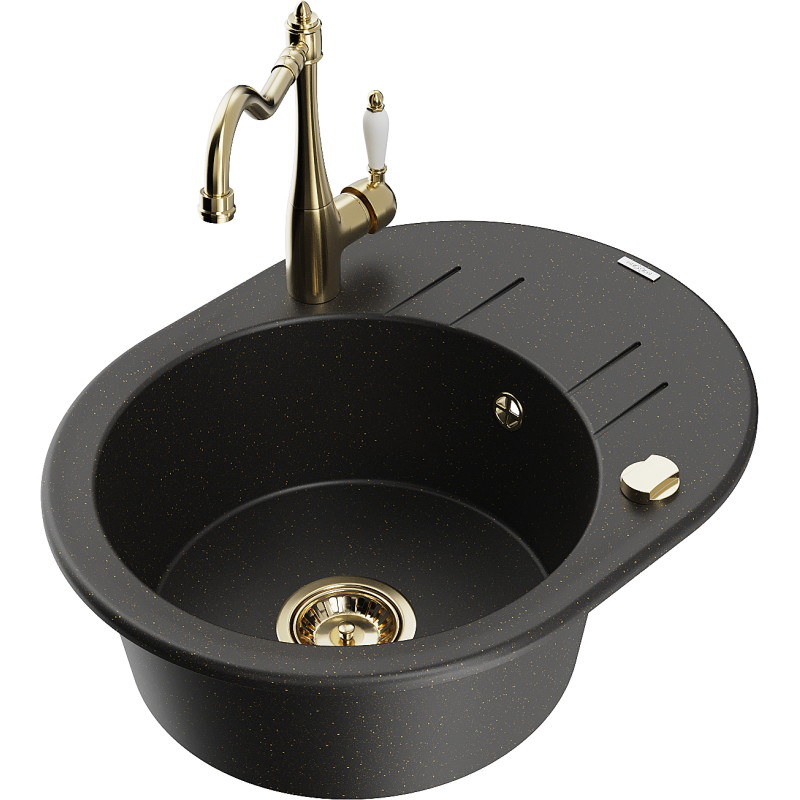 Mexen Kevin Granitspüle 1-beckig mit Abtropffläche und Küchenarmatur Carla, schwarz/gold metallic - 6517-75-670700-50