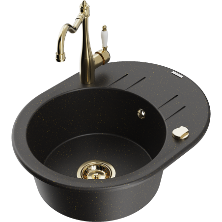 Mexen Kevin Granitspüle 1-becken mit Abtropffläche und Küchenarmatur Carla, schwarz/gold metallic - 6517-75-670700-50