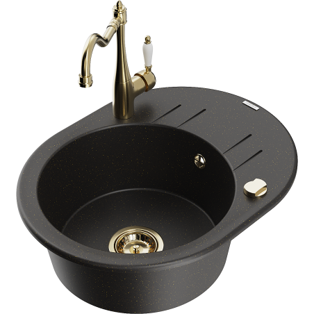 Mexen Kevin Granitspüle 1-beckig mit Abtropffläche und Küchenarmatur Carla, schwarz/gold metallic - 6517-75-670700-50