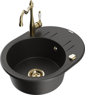 Mexen Kevin Granitspüle 1-becken mit Abtropffläche und Küchenarmatur Carla, schwarz/gold metallic - 6517-75-670700-50