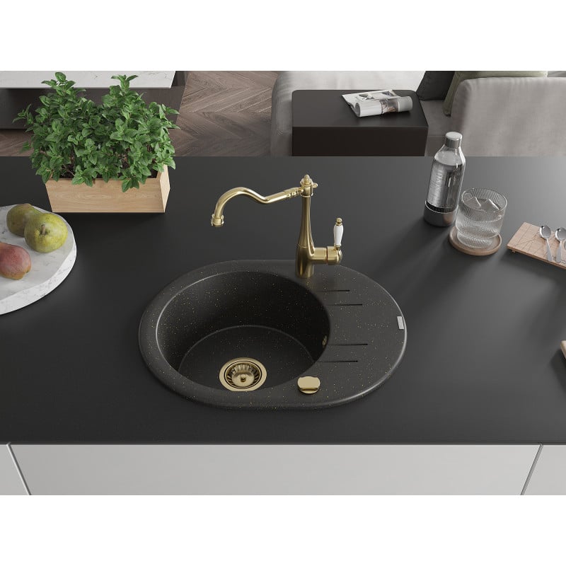 Mexen Kevin Granitspüle 1-becken mit Abtropffläche und Küchenarmatur Carla, schwarz/gold metallic - 6517-75-670700-50