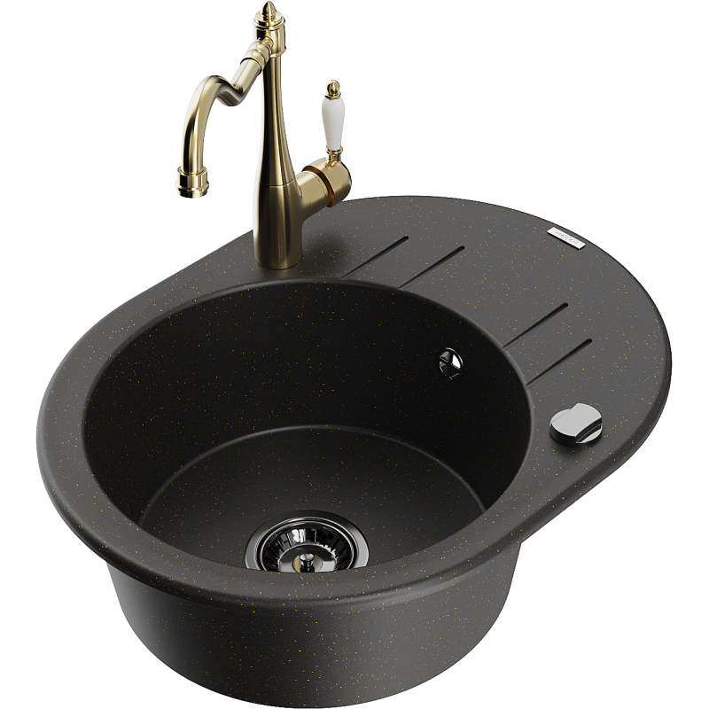 Mexen Kevin granit Spüle 1-Becken mit Abtropffläche und Küchenarmatur Carla, schwarz/gold metallic - 6517-75-670700-50-B