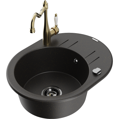 Mexen Kevin granit Spüle 1-Becken mit Abtropffläche und Küchenarmatur Carla, schwarz/gold metallic - 6517-75-670700-50-B