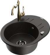 Mexen Kevin granit Spüle 1-Becken mit Abtropffläche und Küchenarmatur Carla, schwarz/gold metallic - 6517-75-670700-50-B