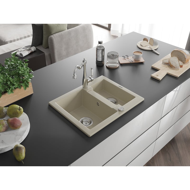 Mexen Carlos Granitspüle 1,5-Becken mit Küchenarmatur Carla, beige - 6518-69-670700-00