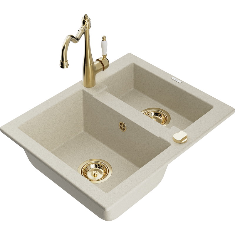 Mexen Carlos Granitspüle 1,5-beckig mit Küchenarmatur Carla, beige - 6518-69-670700-50