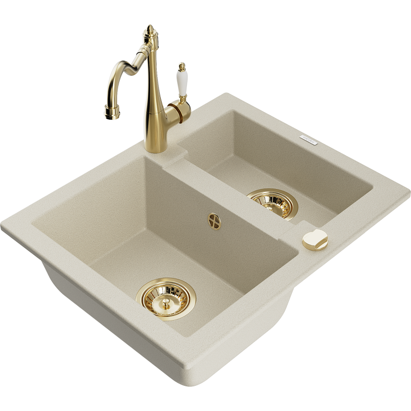Mexen Carlos Granitspüle 1,5 Kammern mit Küchenarmatur Carla, beige - 6518-69-670700-50