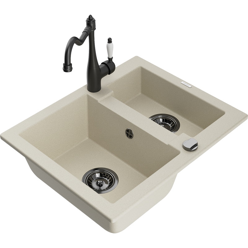 Mexen Carlos Granitspüle 1,5-Becken mit Küchenarmatur Carla, beige - 6518-69-670700-70