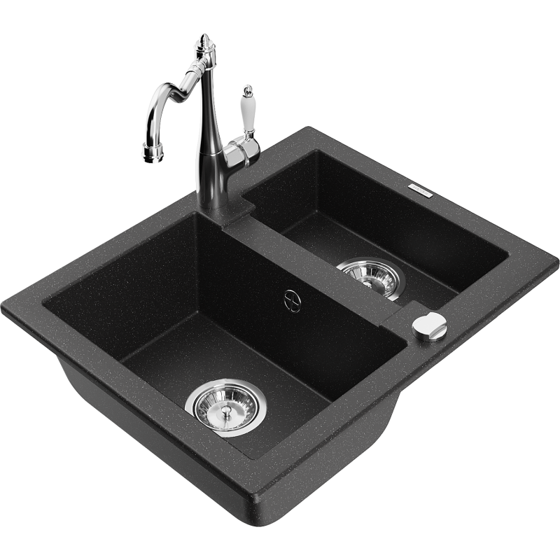 Mexen Carlos Granitspüle 1,5-Becken mit Küchenarmatur Carla, schwarz/silber metallic - 6518-73-670700-00