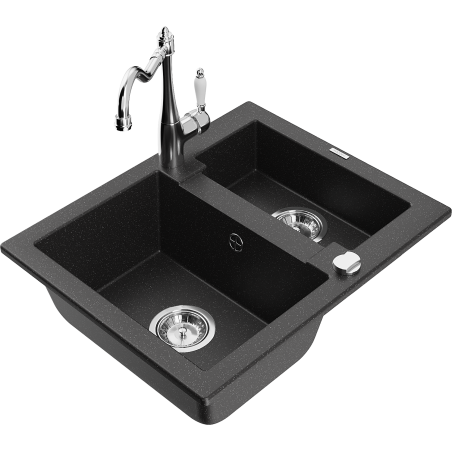 Mexen Carlos Granitspüle 1,5-Becken mit Küchenarmatur Carla, schwarz/silber metallic - 6518-73-670700-00