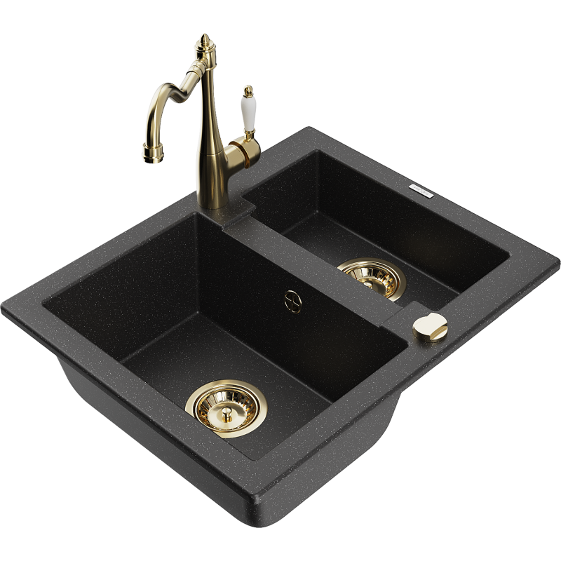 Mexen Carlos Granitspüle 1,5-Becken mit Küchenarmatur Carla, Schwarz/Silber Metallic - 6518-73-670700-50
