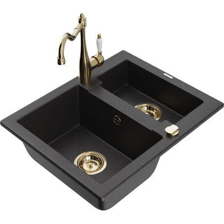 Mexen Carlos Granitspüle 1,5-Becken mit Küchenarmatur Carla, Schwarz/Silber Metallic - 6518-73-670700-50