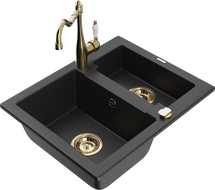 Mexen Carlos Granitspüle 1,5-Becken mit Küchenarmatur Carla, Schwarz/Silber Metallic - 6518-73-670700-50