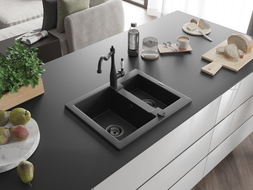 Mexen Carlos Granitspüle 1,5-fach mit Küchenarmatur Carla, schwarz/silber metallic - 6518-73-670700-70-B