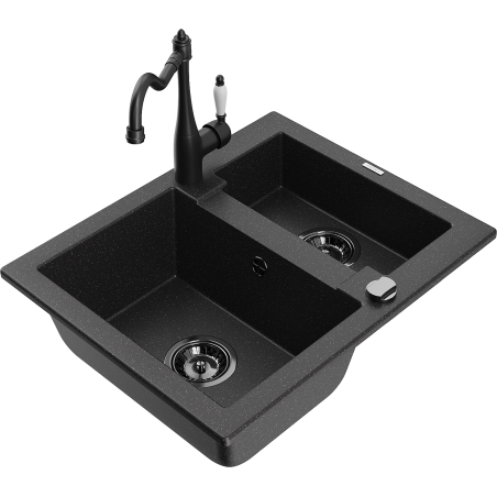 Mexen Carlos Granitspüle 1,5-Kammer mit Küchenarmatur Carla, schwarz/silber metallic - 6518-73-670700-70-B