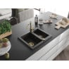 Mexen Carlos Granitspüle 1,5-Kammer mit Küchenarmatur Carla, schwarz/goldener Metallic - 6518-75-670700-50