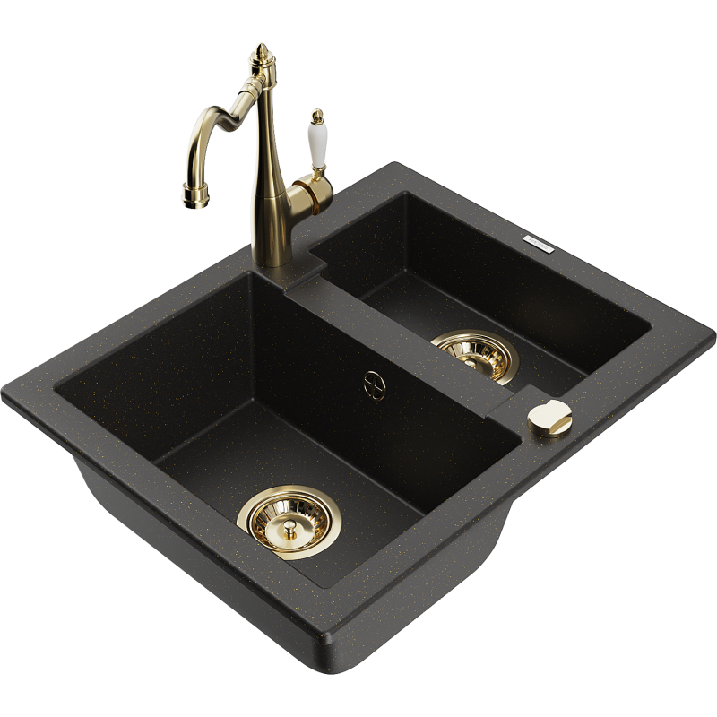 Mexen Carlos Granitspüle 1,5-Kammer mit Küchenarmatur Carla, schwarz/goldener Metallic - 6518-75-670700-50
