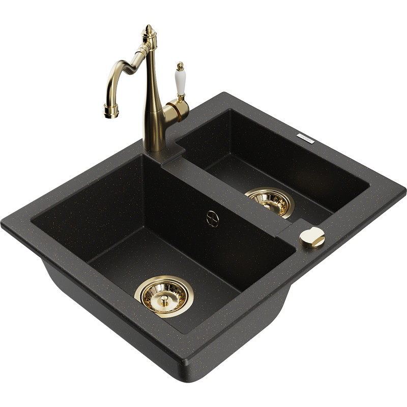 Mexen Carlos granitspüle mit 1,5 Becken und Küchenarmatur Carla, schwarz/gold Metallic - 6518-75-670700-50