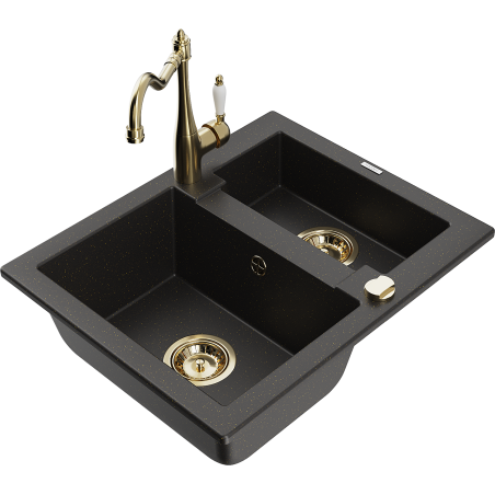 Mexen Carlos Granitspüle 1,5-beckig mit Küchenarmatur Carla, schwarz/gold metallic - 6518-75-670700-50