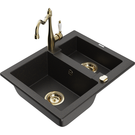 Mexen Carlos Granitspüle 1,5-Kammer mit Küchenarmatur Carla, schwarz/goldener Metallic - 6518-75-670700-50