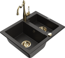 Mexen Carlos Granitspüle 1,5-Kammer mit Küchenarmatur Carla, schwarz/goldener Metallic - 6518-75-670700-50