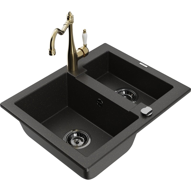 Mexen Carlos Granitspüle 1,5-Becken mit Küchenarmatur Carla, schwarz/gold metallisch - 6518-75-670700-50-B