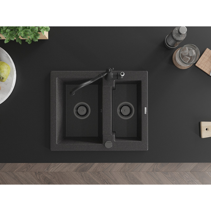 Mexen Carlos Granitspüle 1,5-Kammer mit Küchenarmatur Carla, schwarz gesprenkelt - 6518-76-670700-70-B