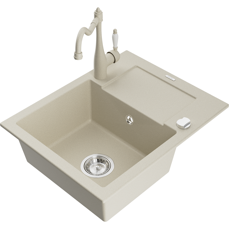 Mexen Enzo Granitspüle 1-Becken mit Abtropffläche und Küchenarmatur Carla, beige - 6506-69-670700-69