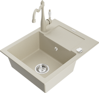 Mexen Enzo Granitspüle 1-Becken mit Abtropffläche und Küchenarmatur Carla, beige - 6506-69-670700-69