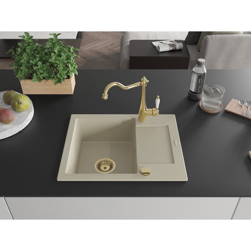 Mexen Enzo Granitspüle 1-Becken mit Abtropffläche und Küchenarmatur Carla, beige - 6506-69-670700-50