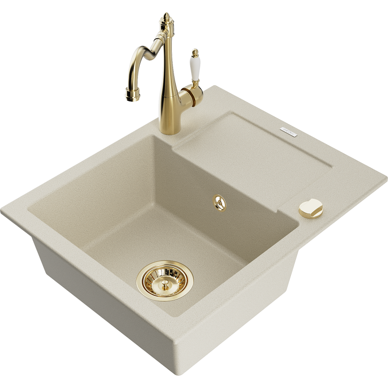Mexen Enzo Granitspüle 1-Becken mit Abtropffläche und Küchenarmatur Carla, beige - 6506-69-670700-50