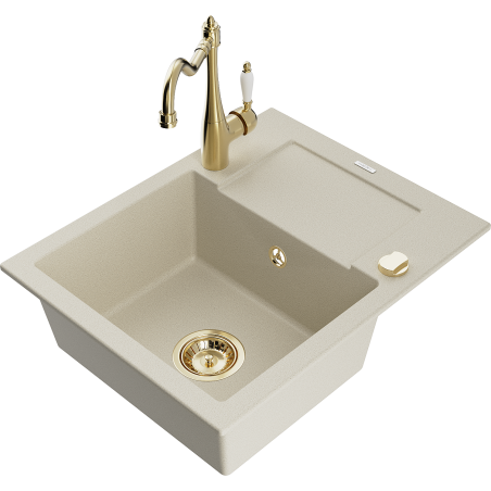 Mexen Enzo Granitspüle 1-Becken mit Abtropffläche und Küchenarmatur Carla, beige - 6506-69-670700-50