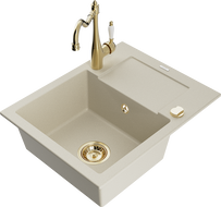 Mexen Enzo Granitspüle 1-Becken mit Abtropffläche und Küchenarmatur Carla, beige - 6506-69-670700-50