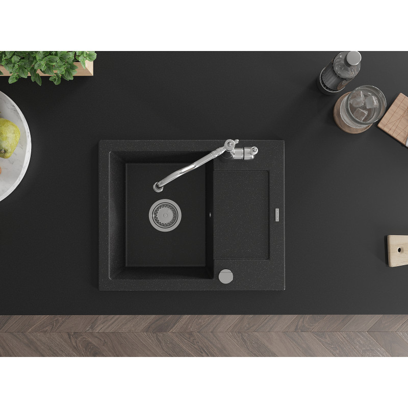 Mexen Enzo Granitspüle 1-beckig mit Abtropffläche und Küchenarmatur Carla, schwarz/silber metallic - 6506-73-670700-00