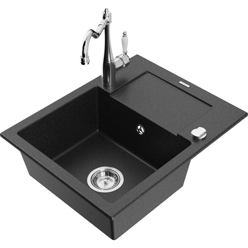 Mexen Enzo Granitspüle 1-Becken mit Abtropffläche und Küchenarmatur Carla, schwarz/silber metallic - 6506-73-670700-00