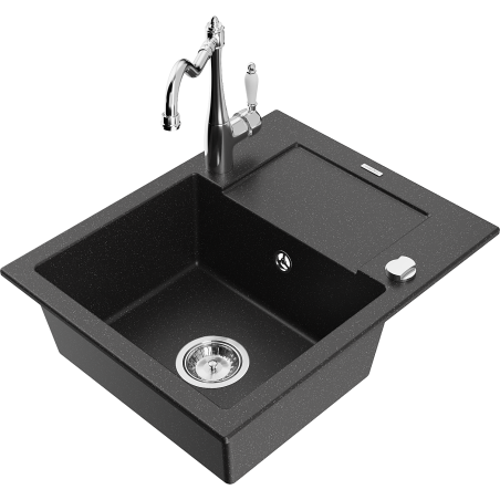 Mexen Enzo Granitspüle 1-Becken mit Abtropffläche und Küchenarmatur Carla, schwarz/silber metallic - 6506-73-670700-00