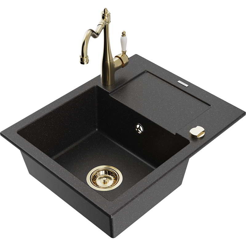 Mexen Enzo Granitspüle 1-Becken mit Abtropfbereich und Küchenarmatur Carla, schwarz/silber metallic - 6506-73-670700-50