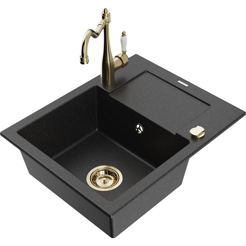 Mexen Enzo Granitspüle 1-Becken mit Abtropffläche und Küchenarmatur Carla, Schwarz/Silber metallic - 6506-73-670700-50