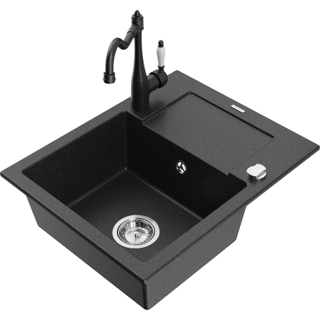 Mexen Enzo Granitspüle 1-Becken mit Abtropffläche und Küchenarmatur Carla, schwarz/silber metallic - 6506-73-670700-70