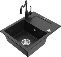 Mexen Enzo Granitspüle 1-Becken mit Abtropffläche und Küchenarmatur Carla, schwarz/silber metallic - 6506-73-670700-70