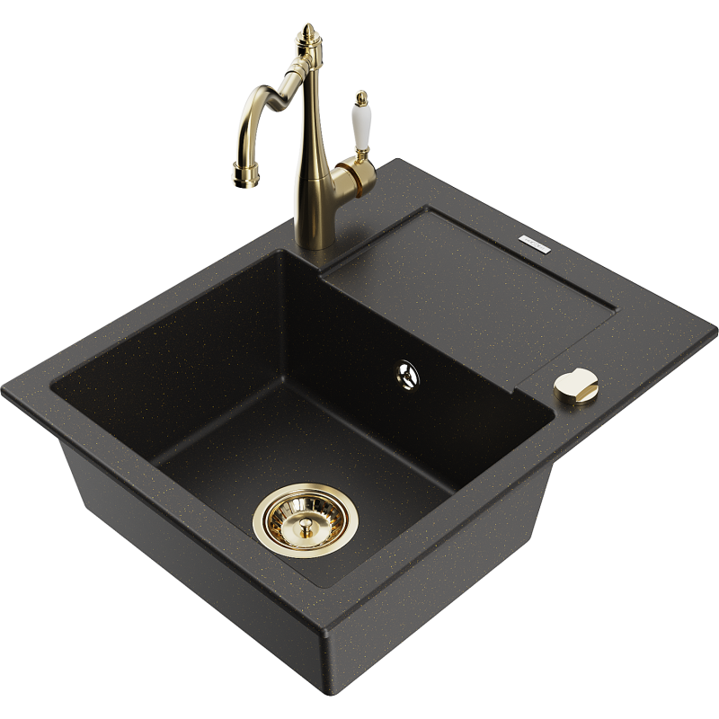 Mexen Enzo Granitspüle 1-Becken mit Abtropffläche und Küchenarmatur Carla, Schwarz/Gold metallic - 6506-75-670700-50